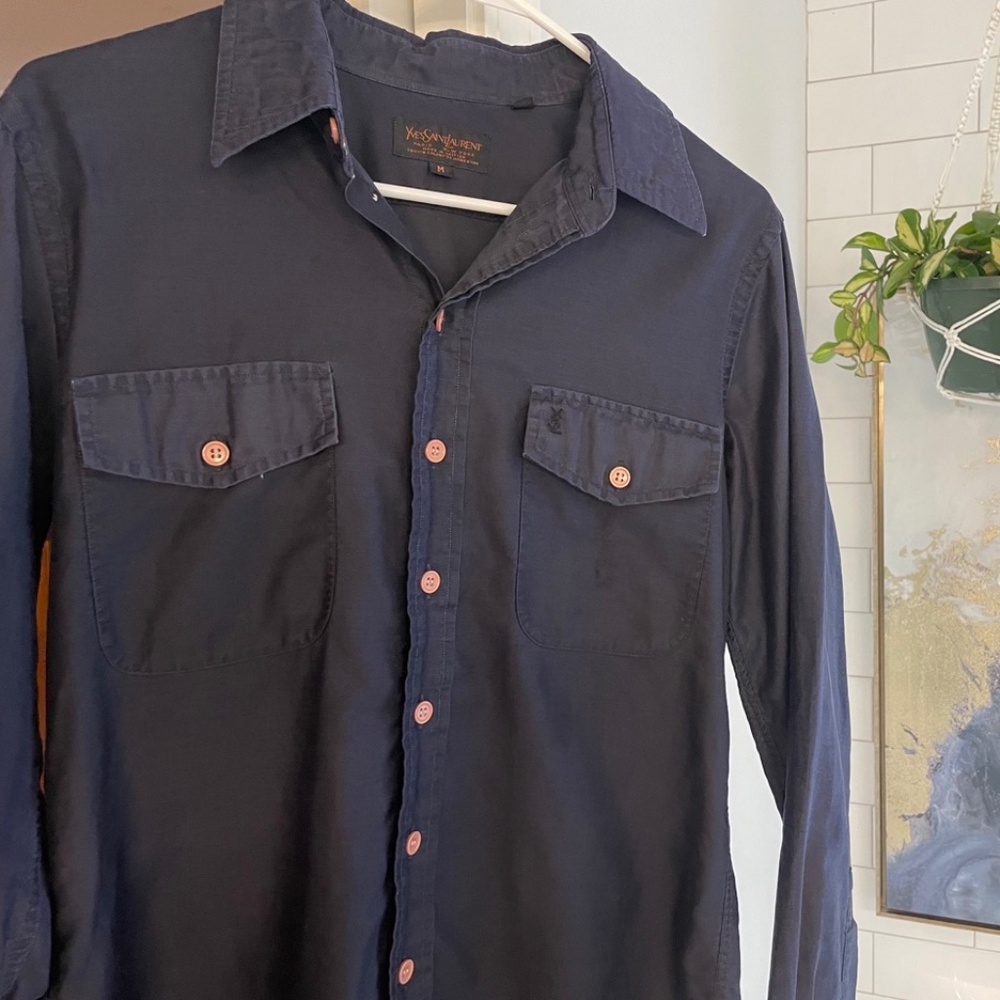 YSL Men's Navy Dress Shirt, Size Medium